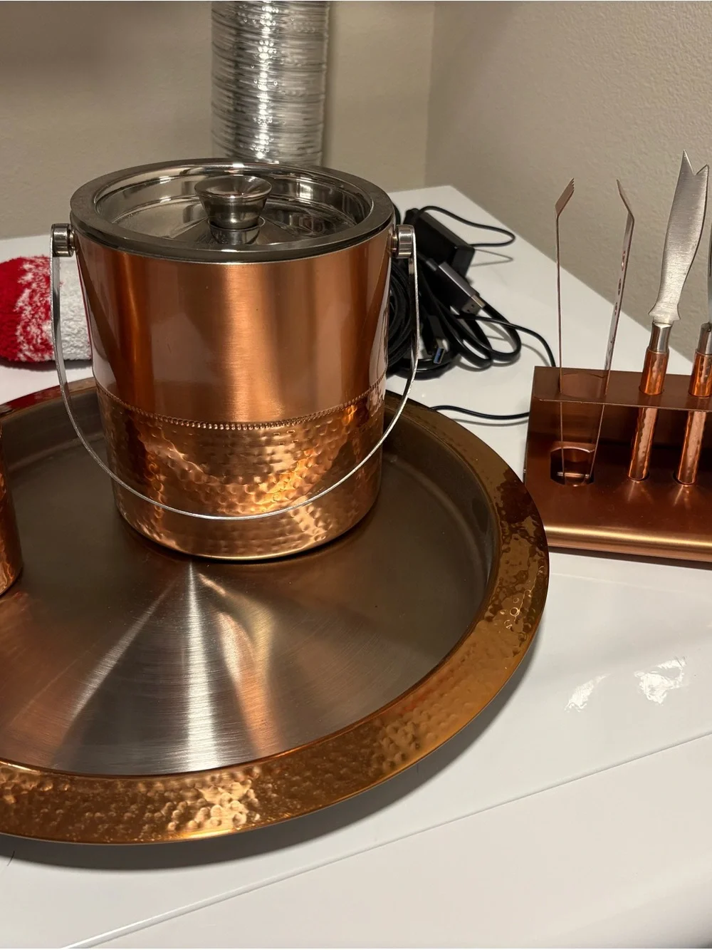 Godinger Copper-Tone Hammered Ice Bucket and Serving Tray Set